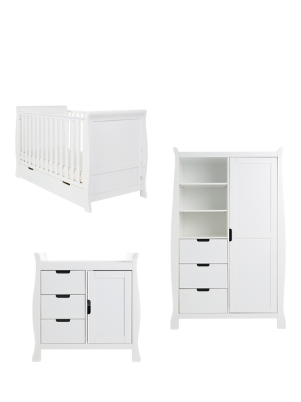 Obaby Stamford Classic Sleigh Cotbed, Closed Changing Unit & Double Wardrobe Set, White, White