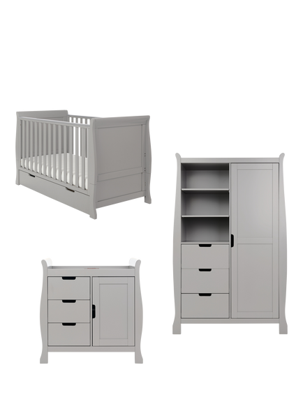 Obaby Stamford Classic Sleigh Cotbed, Closed Changing Unit & Double Wardrobe Set, Warm Grey, Warm Grey