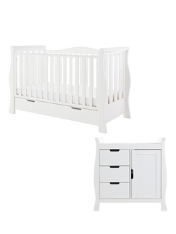 Obaby Stamford Luxe Sleigh Cotbed & Changing Unit Set, White, White