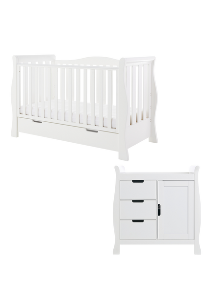 Obaby Stamford Luxe Sleigh Cotbed & Changing Unit Set, White, White