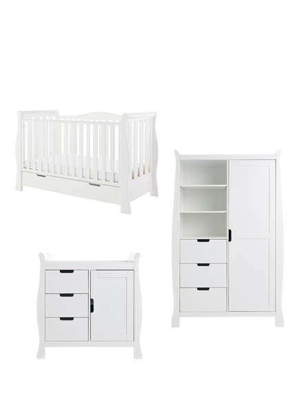 Obaby Stamford Luxe Sleigh Cotbed, Closed Changing Unit & Double Wardrobe Set, White, White