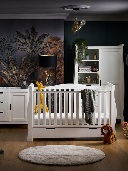 Obaby Stamford Luxe Sleigh Cotbed, Closed Changing Unit & Double Wardrobe Set, White - view 2, White