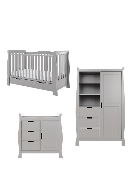 Obaby Stamford Luxe Sleigh Cotbed, Closed Changing Unit & Double Wardrobe Set, Warm Grey, Warm Grey