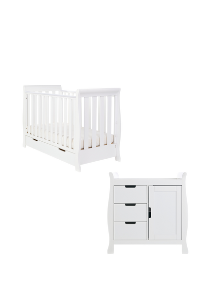 Obaby Stamford Mini Sleigh Cotbed & Changing Unit Set, White, White
