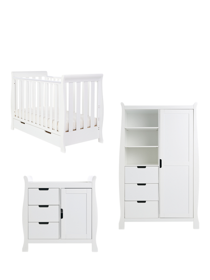 Obaby Stamford Mini Sleigh Cotbed, Changing Unit & Double Wardrobe Set, White, White