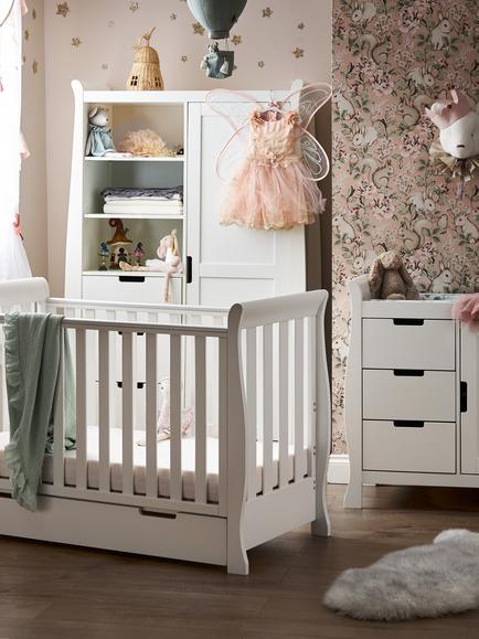 Obaby Stamford Mini Sleigh Cotbed, Changing Unit & Double Wardrobe Set, White - view 2, White