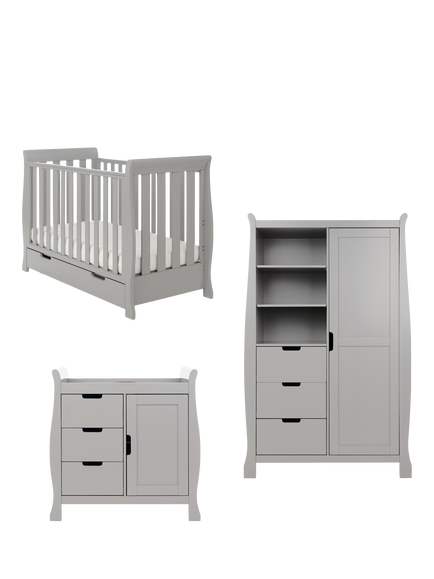 Obaby Stamford Mini Sleigh Cotbed, Changing Unit & Double Wardrobe Set, Warm Grey, Warm Grey