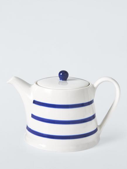 John Lewis Harbour Blue Rim Stoneware Teapot, 1.3L, White/Blue, Multi
