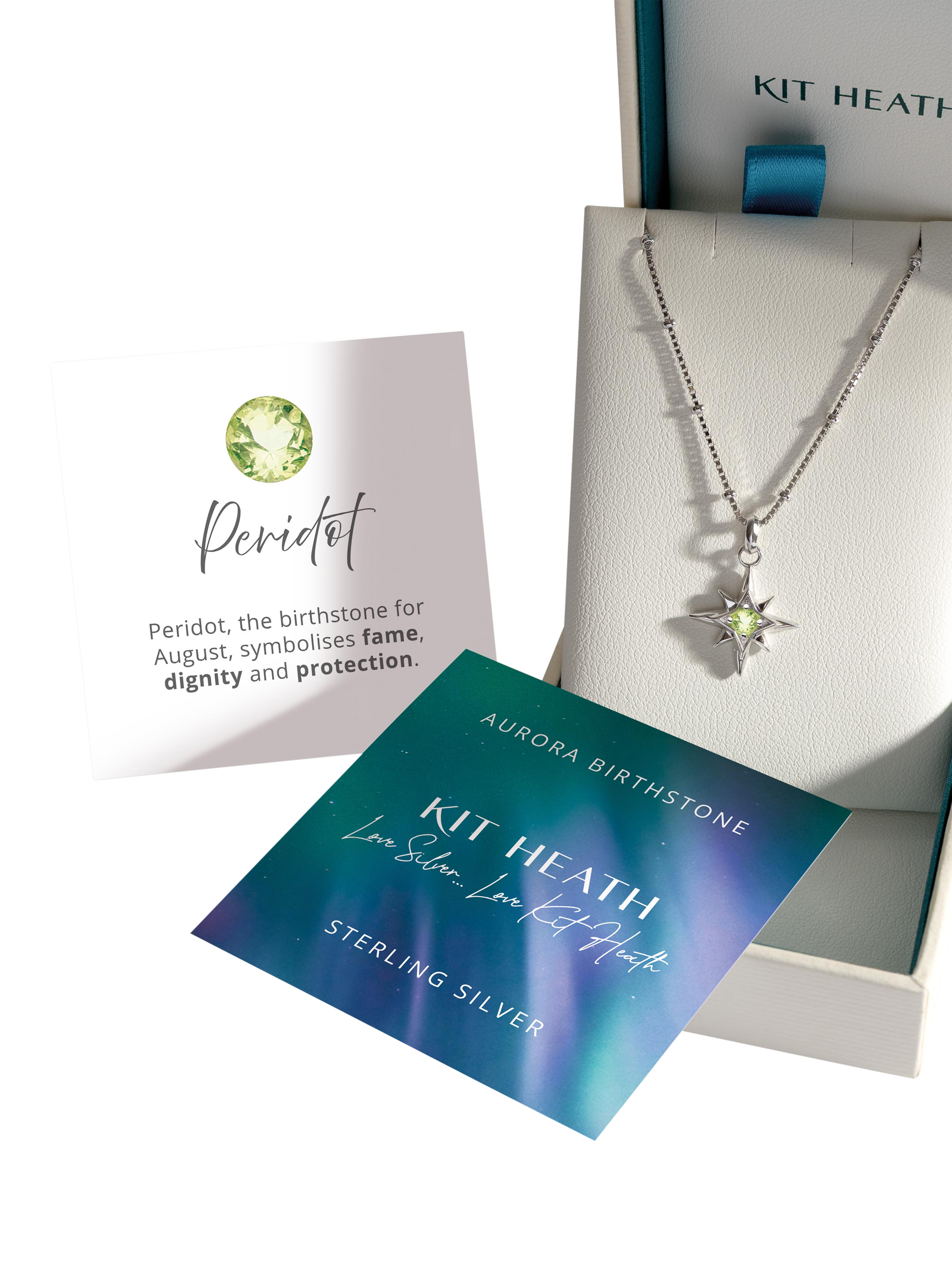 Product image 5 of 5, which shows Kit Heath Céleste Aurora Birthstone Crystal Necklace, Silver/Peridot