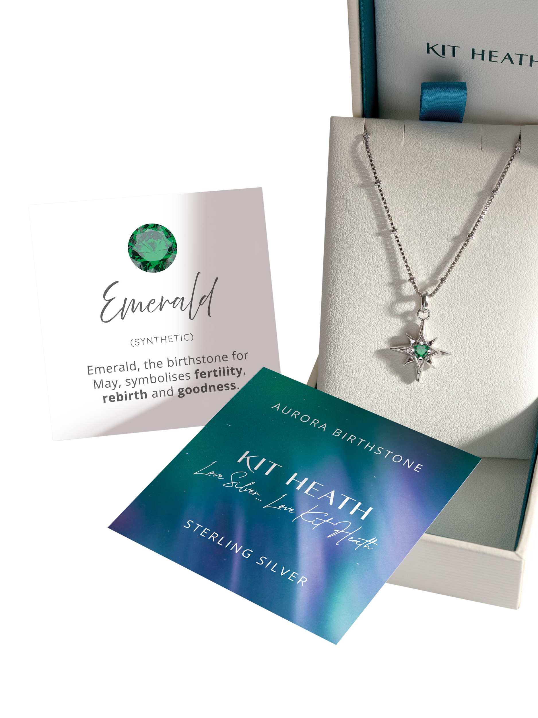 Product image 5 of 5, which shows Kit Heath Céleste Aurora Birthstone Crystal Necklace, Silver/Emerald