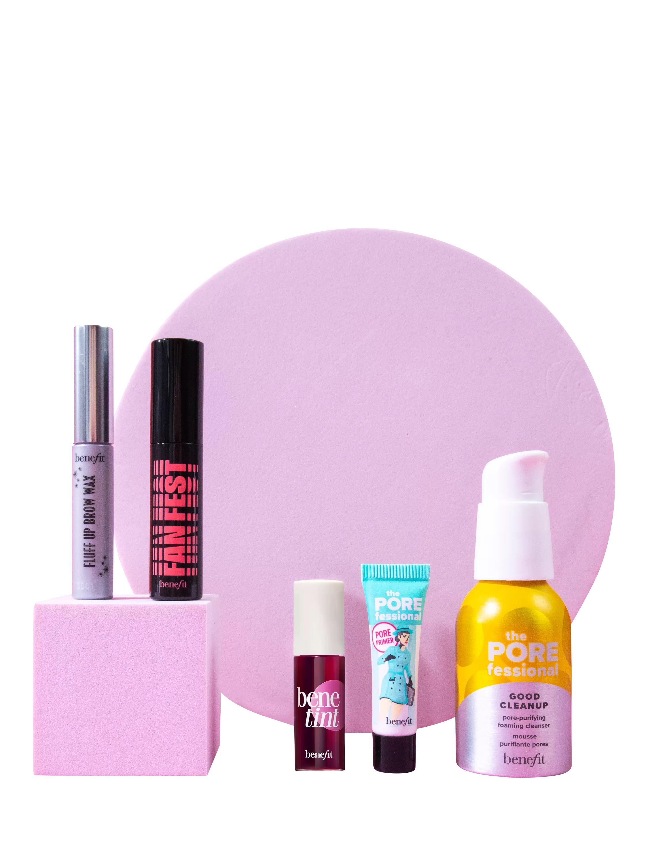 Benefit cosmetics set with brow gel, mascara, Benetint, POREfessional primer and cleansing mousse on pink backdrop