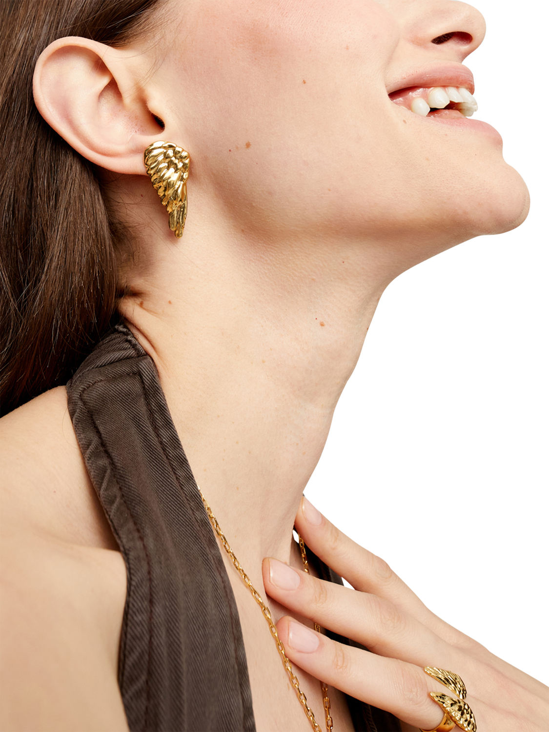 Product image 2 of 3, which shows UNOde50 Be Invincible Textured Wing Earrings, Gold