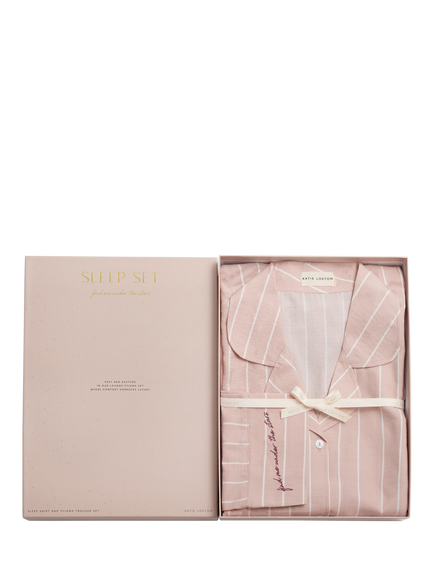 Katie Loxton Stripe Button Down Long Pyjama Set, Pink Stripe, Pink Stripe