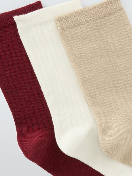 John Lewis Ribbed Organic Cotton Blend Ankle Socks, Pack of 3 - view 2, Burgundy/Cream/Beige