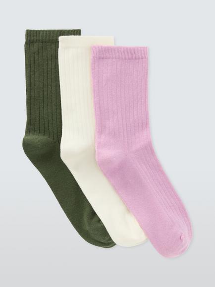 John Lewis Ribbed Organic Cotton Blend Ankle Socks, Pack of 3, Khaki/Cream/Pink