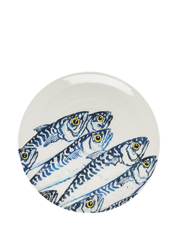 BlissHome Creatures Mackerel Round Earthenware Platter, 36cm, White/Blue, Blue