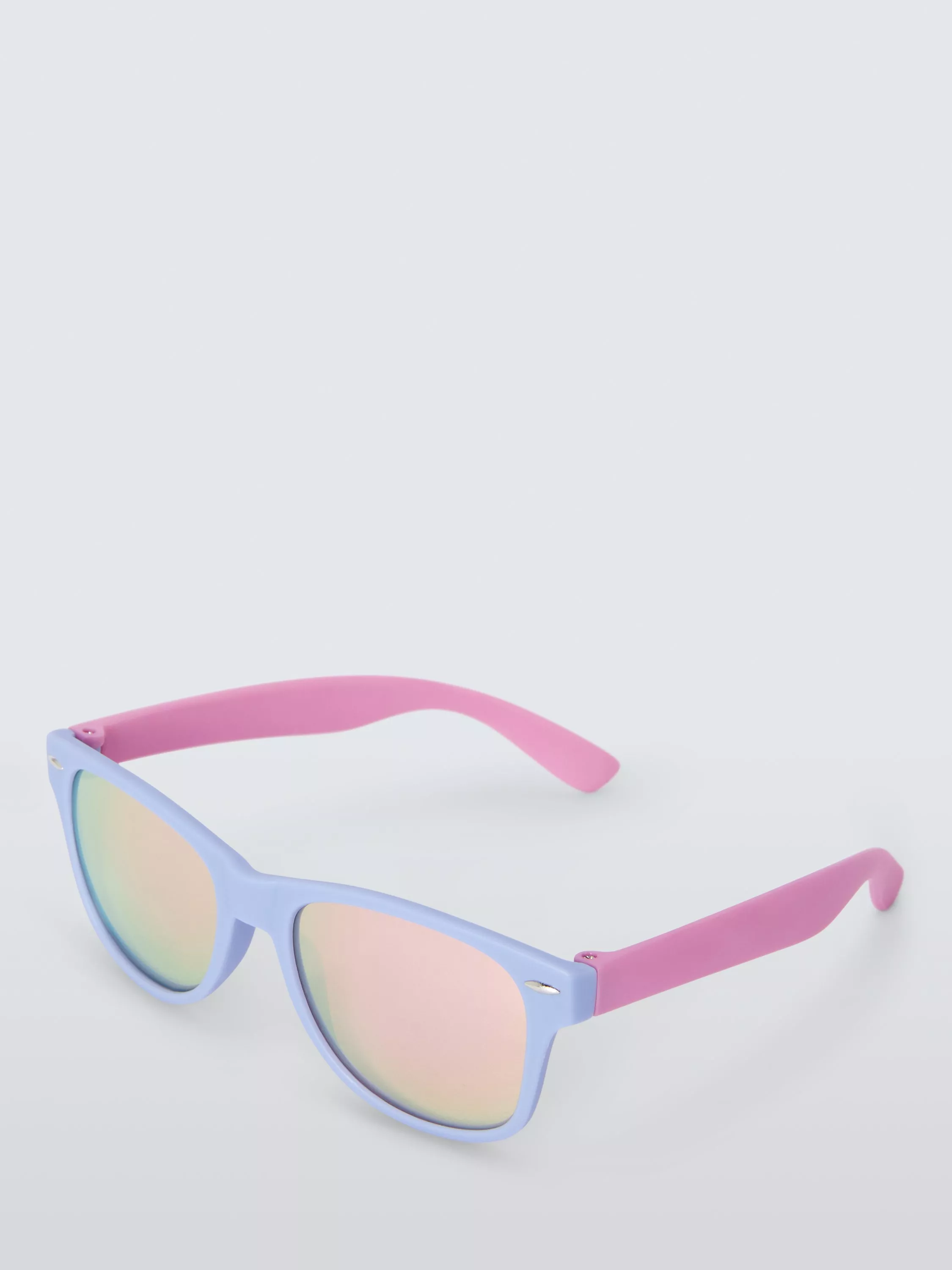 Pastel blue and pink sunglasses with mirrored rainbow lenses, stylish summer eyewear on a white background