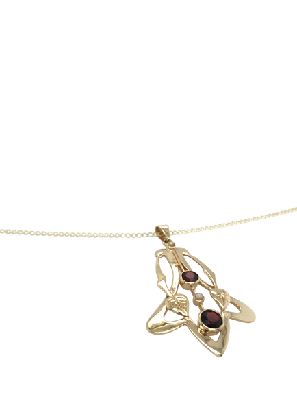 Pre-loved 9ct Yellow Gold 3-Stone Garnet and Pearl Pendant - view 2, Yellow Gold