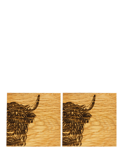 Selbrae House Highland Cow Oak Wood Coaster, Set of 2, Natural, Natural