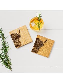 Selbrae House Highland Cow Oak Wood Coaster, Set of 2, Natural - view 2, Natural