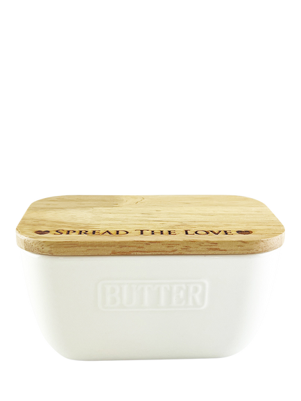 Selbrae House 'Spread the Love' Ceramic Butter Dish with Oak Wood Lid, White/Natural, White