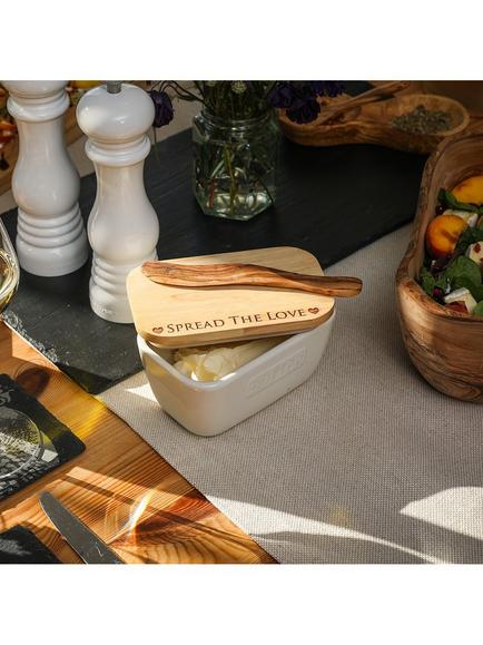 Selbrae House 'Spread the Love' Ceramic Butter Dish with Oak Wood Lid, White/Natural - view 2, White