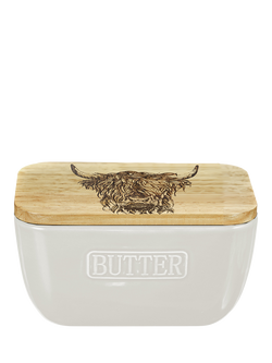 Selbrae House Highland Cow Ceramic Butter Dish with Oak Wood Lid, White/Natural, White
