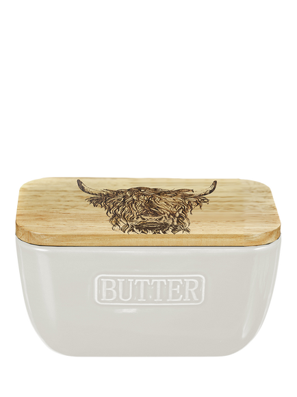 Selbrae House Highland Cow Ceramic Butter Dish with Oak Wood Lid, White/Natural, White