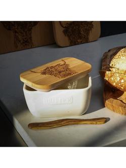 Selbrae House Highland Cow Ceramic Butter Dish with Oak Wood Lid, White/Natural - view 2, White