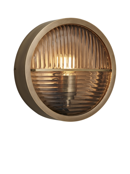 Industville Bulkhead Outdoor Contrast Ripple Glass Wall Light, Brass - view 2, Brass