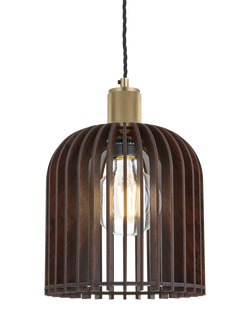 Industville Rift Wood Cone Pendant Ceiling Light, Dark Brown/Brass, Dark Brown/Brass
