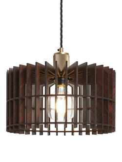 Industville Rift Wood Drum Pendant Ceiling Light, Dark Brown/Brass, Dark Brown/Brass