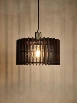 Industville Rift Wood Drum Pendant Ceiling Light, Dark Brown/Brass - view 2, Dark Brown/Brass