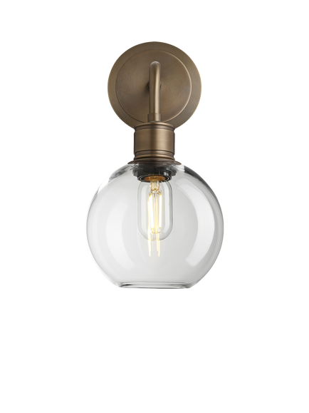 Industville Albany Clear Glass Globe Wall Light, Brass - view 2, Brass