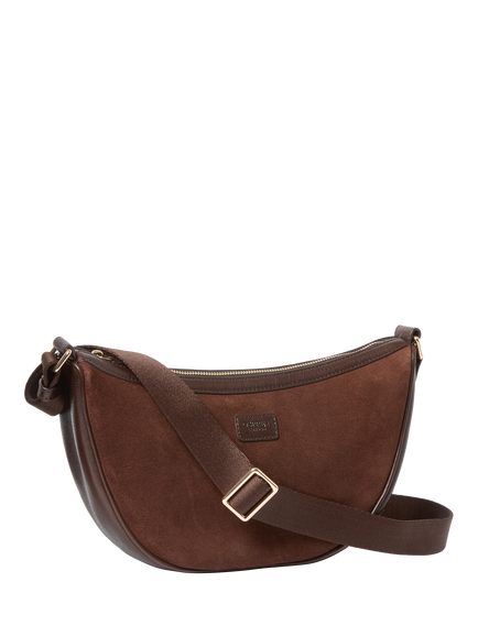 OSPREY LONDON Mocha Suede Sling Bag, Bitter Chocolate - view 2, Bitter Chocolate