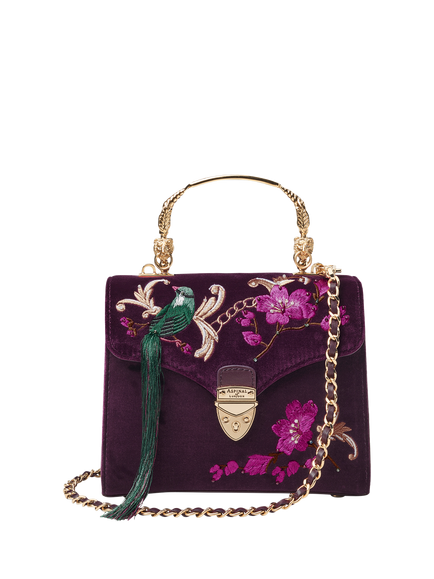 Aspinal of London Mayfair Velvet Silk Embroidered Cross Body Bag, Cassis, Cassis