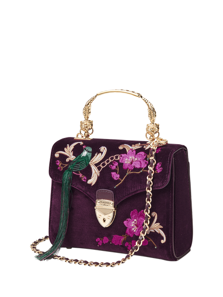Aspinal of London Mayfair Velvet Silk Embroidered Cross Body Bag, Cassis - view 2, Cassis