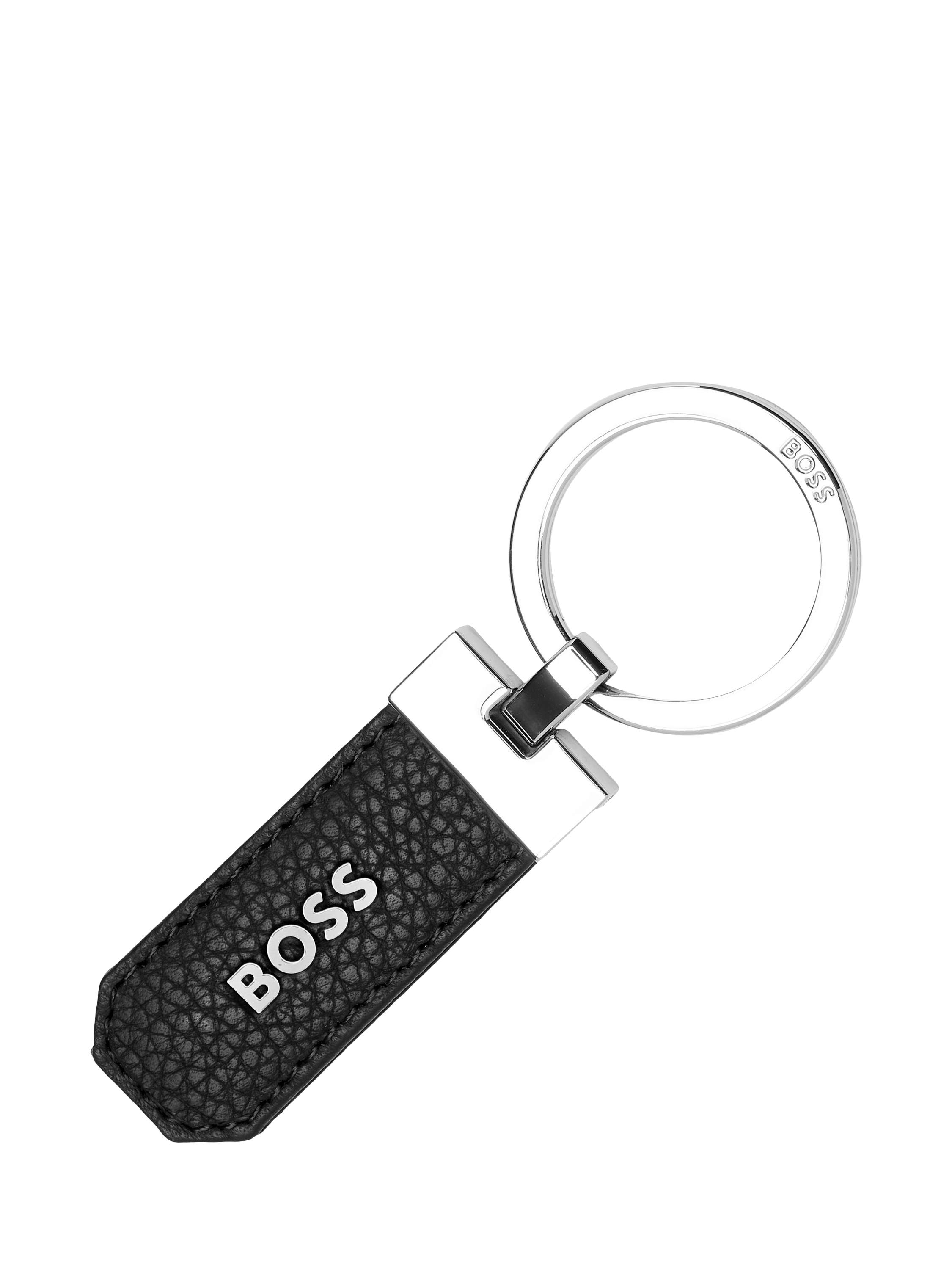 Product image 1 of 4, which shows HUGO BOSS Classic Grosgrain Leather Keyring, Black