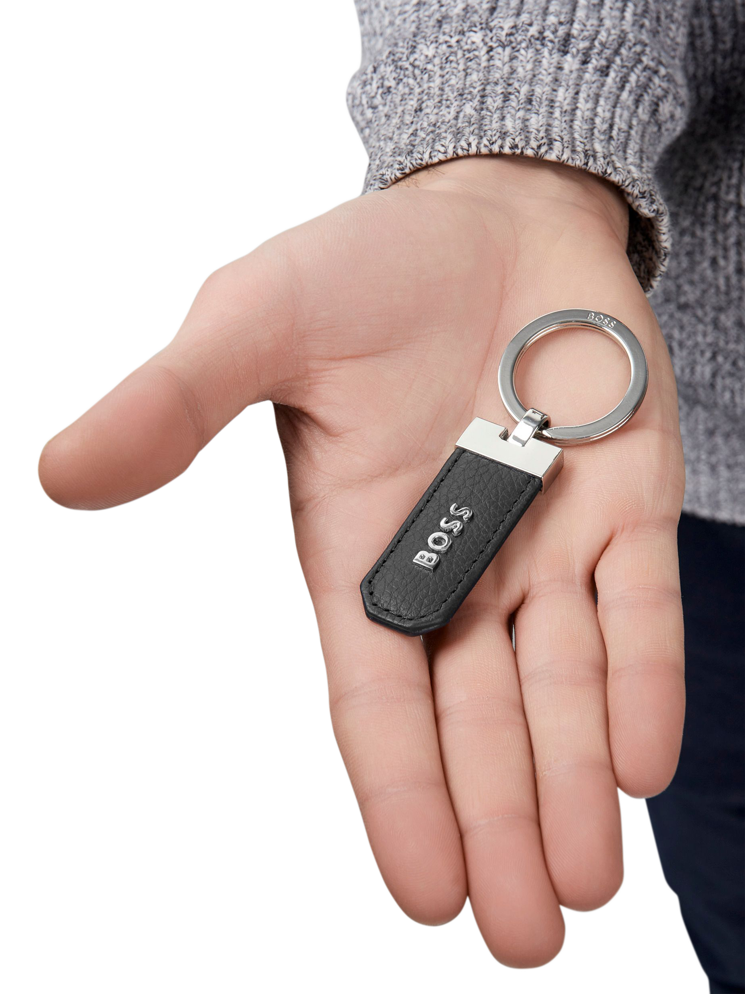 Product image 2 of 4, which shows HUGO BOSS Classic Grosgrain Leather Keyring, Black