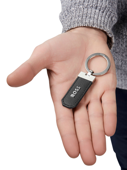 HUGO BOSS Classic Grosgrain Leather Keyring, Black - view 2, Black