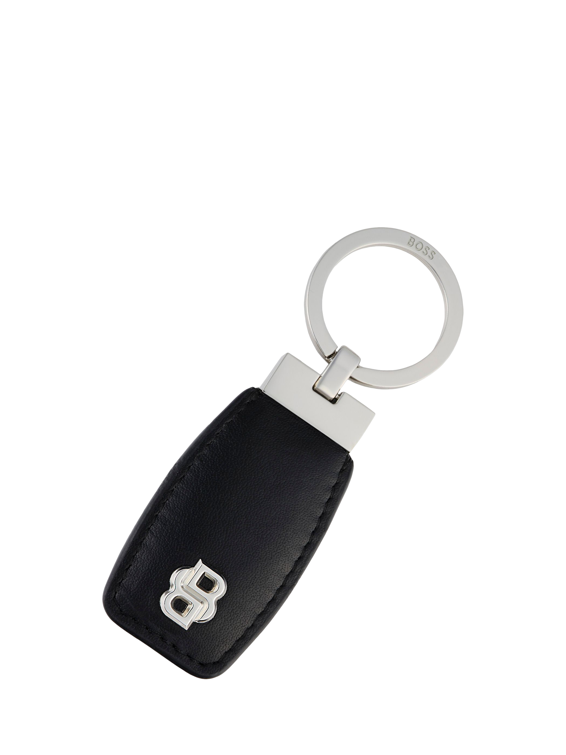 Product image 1 of 6, which shows HUGO BOSS Double B Leather Keyring, Black / Chrome