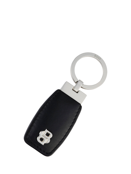 HUGO BOSS Double B Leather Keyring, Black / Chrome, Black / Chrome