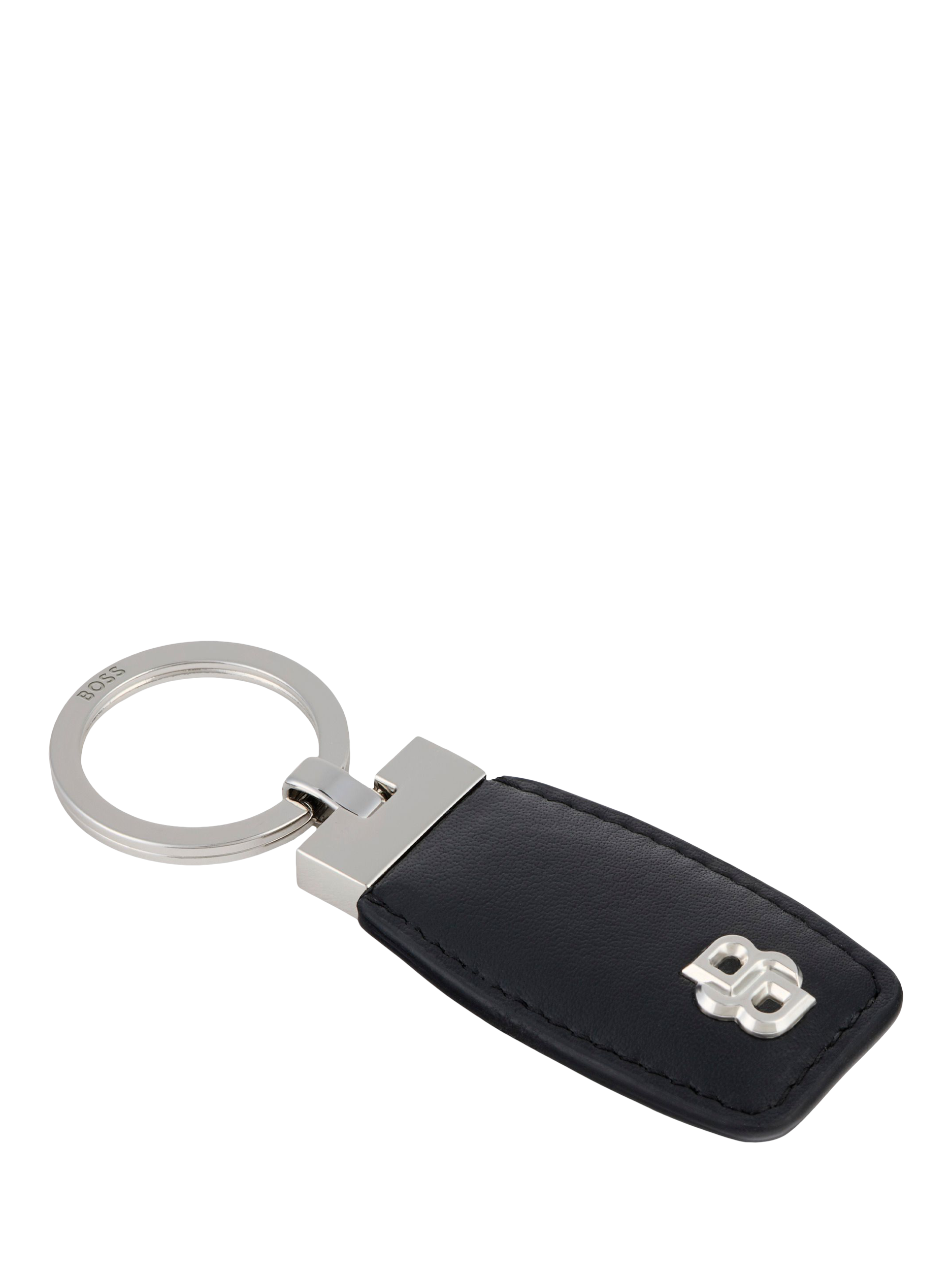 Product image 2 of 6, which shows HUGO BOSS Double B Leather Keyring, Black / Chrome