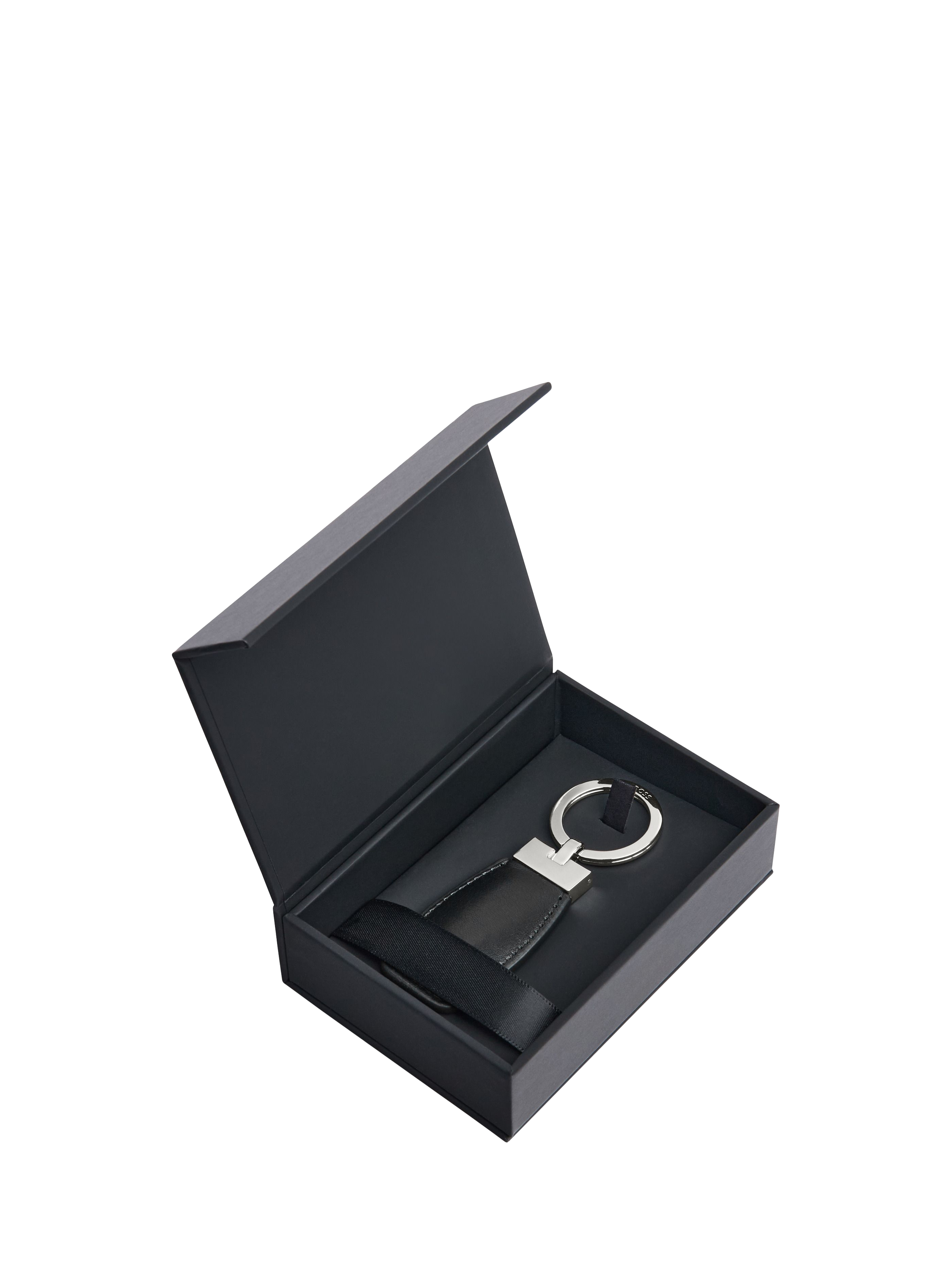 Product image 4 of 6, which shows HUGO BOSS Double B Leather Keyring, Black / Chrome