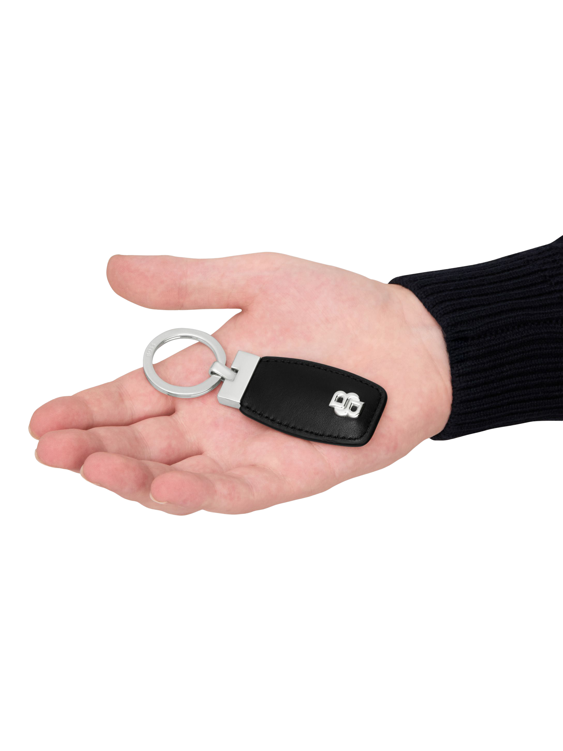 Product image 5 of 6, which shows HUGO BOSS Double B Leather Keyring, Black / Chrome