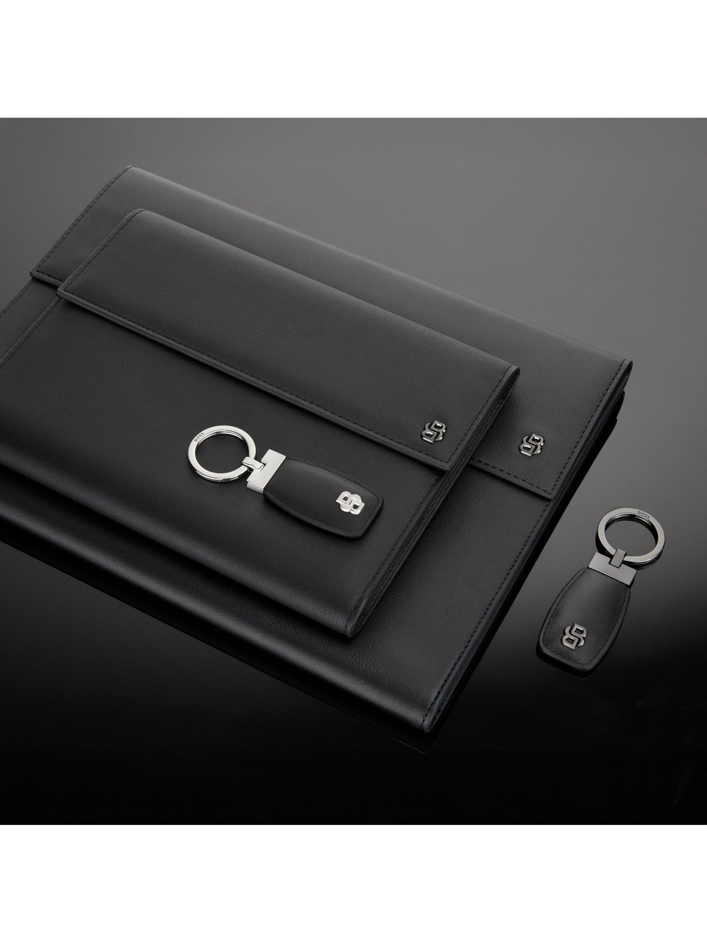 Product image 6 of 6, which shows HUGO BOSS Double B Leather Keyring, Black / Chrome