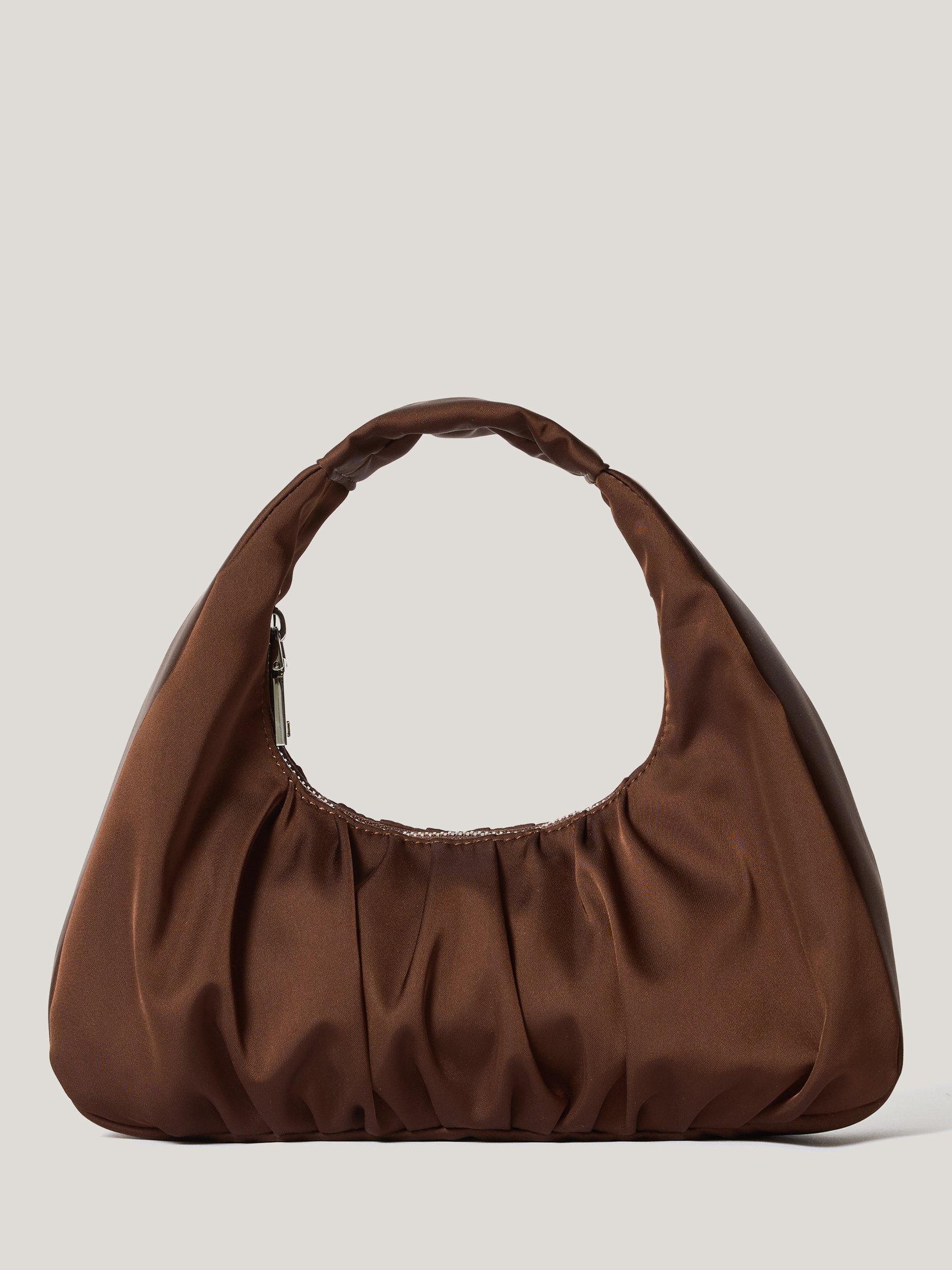 Product image 1 of 7, which shows Jigsaw Pleated Satin Bag, Brown Mid