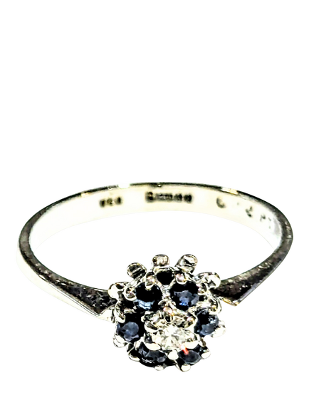 Pre-loved 18ct White Gold Diamond and Sapphire Cluster Ring, Dated Circa 1990, N, White Gold