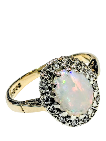 Pre-loved 9ct Yellow Gold Opal and Diamond Dress Ring, Dated Circa 1981, L, Yellow Gold