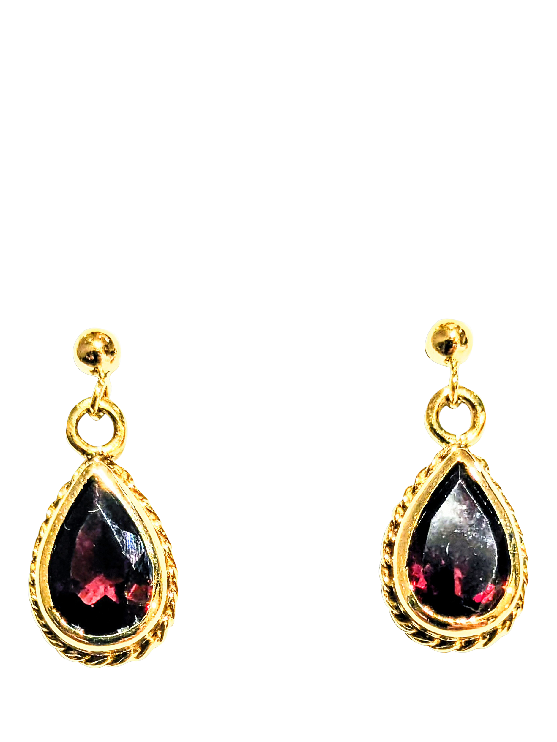 Product image 1 of 1, which shows Pre-loved 9ct Yellow Gold Garnet Dropper Earrings